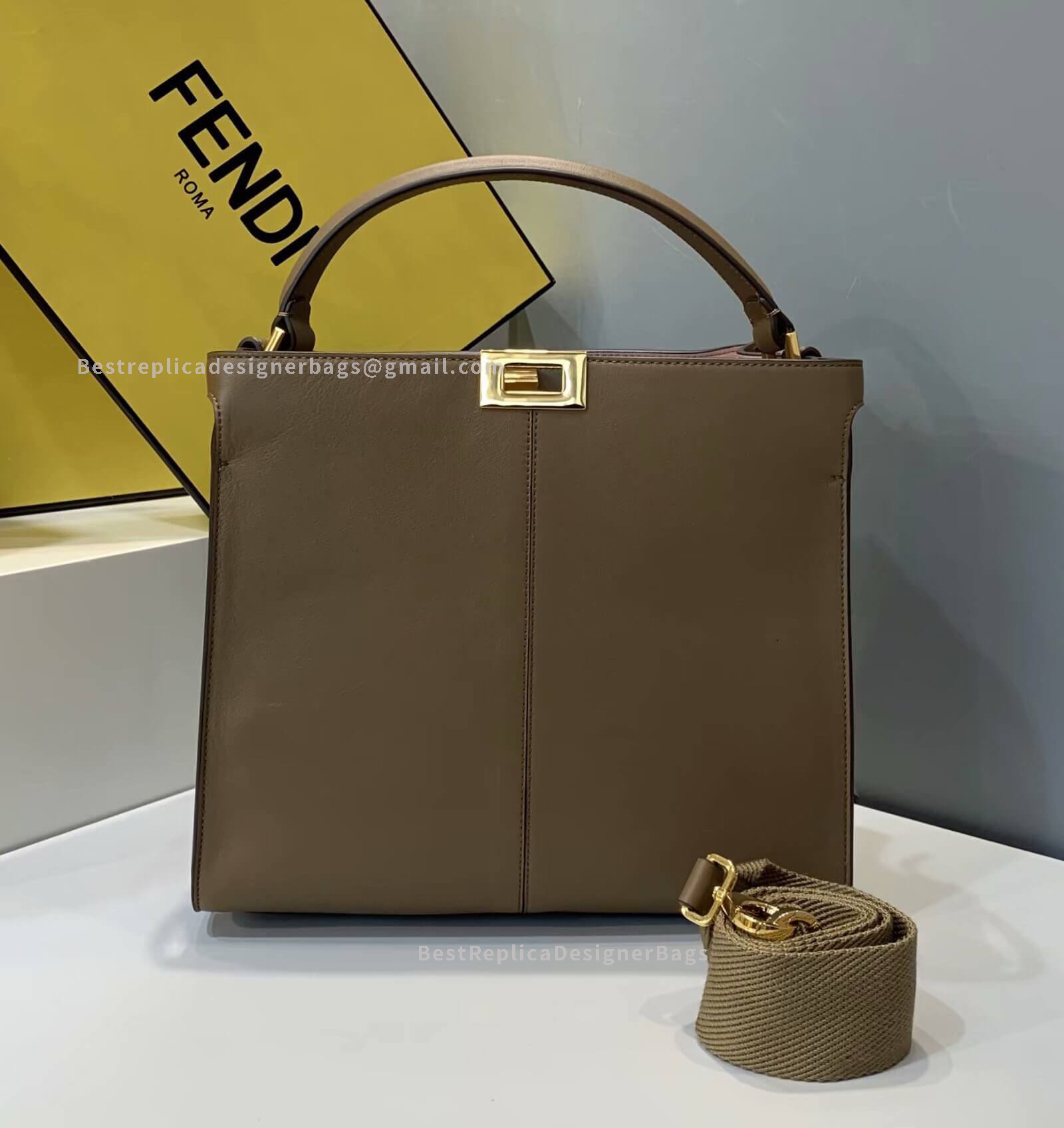 Fendi Peekaboo X-Lite Medium Dark Khaki Leather Bag 304S